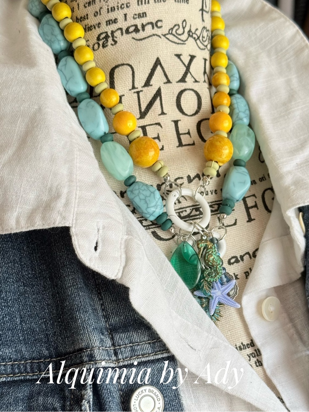 Curated duo Turquoise and Yellow Layered Beaded Necklace with Charms